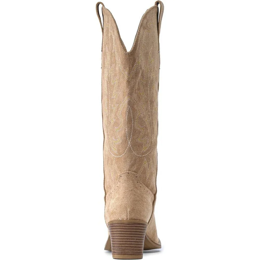 Women Apricot Chunky Heel Pointed Toe Cowgirl Mid Calf Embroidery Western Boots